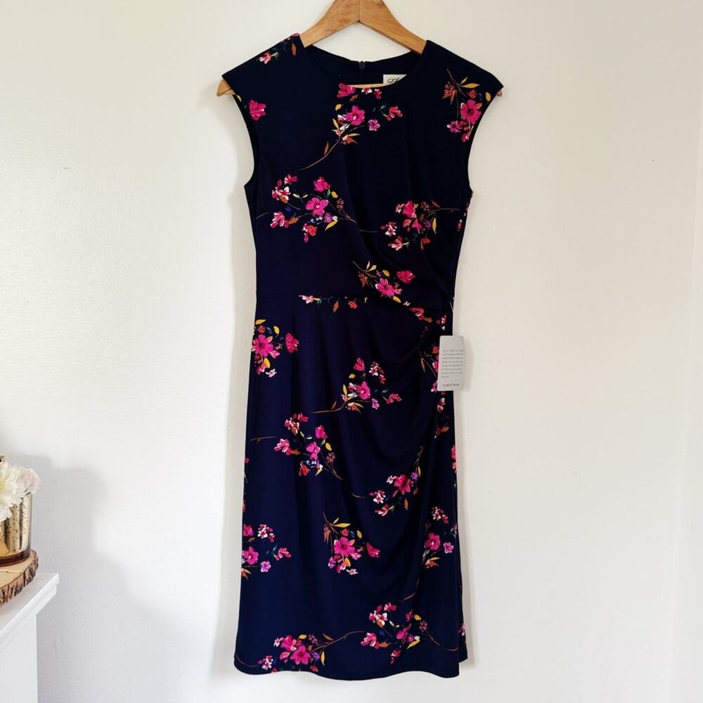 Eliza J Navy Floral Cap Sleeve Stretch Jersey Sheath Dress